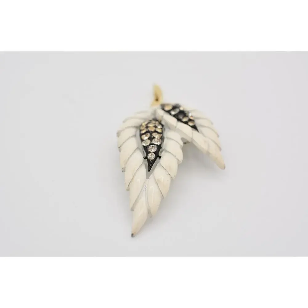 Vintage Leaf Pin Brooch Rhinestone Crystal White Enamel Chunky 1990s BinAT